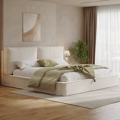 B&Q -  Beige Chenille 4Ft6 Ottoman Bed With Hydraulic StoragePadded Headboard & Strong Slatted Base