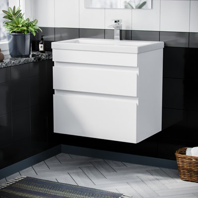 Nes Home White 600mm Pvc 2 Drawer Wall Hung Vanity Cabinet And Basin Sink Unit from B&Q