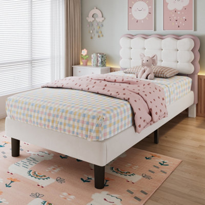 Abrihome Upholstered BedChildren's Bed With Biscuit Shape Velvet Backrest3Ft Single Bed 90X190Cm from B&Q