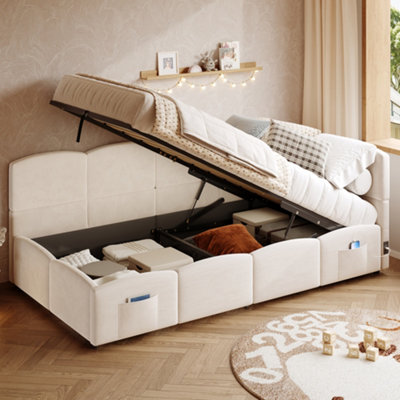 B&Q -  Velvet Upholstered Sofa Bed90X190Cm 3-Ft Single Daybed With Hydraulic Storage & Usb ChargingBeige