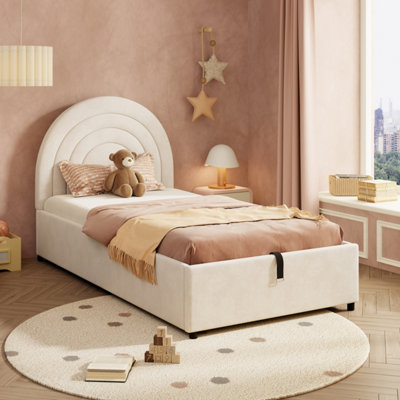 Abrihome Luxurious Velvet Upholstered Single Bed 3Ft. Beige Kids/youth Bed With Wooden Slats & Headboard For Ultimate Comfort from B&Q