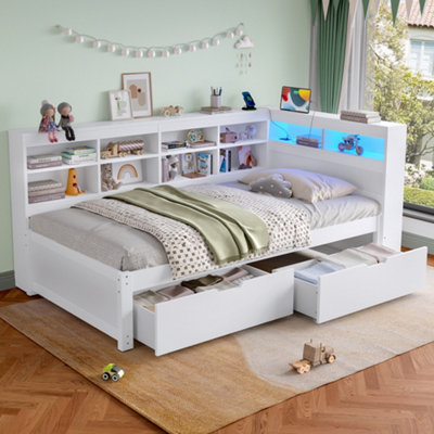 Abrihome 3Ft Daybed With 2 Storage DrawersLed Lights & Charging Station Multi-Functional Bed Frame For BedroomLiving Room White from B&Q
