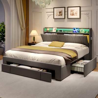 Abrihome 4Ft6 Double Upholstered Bed With Led HeadboardCharging Station & 3 Storage Drawers. Grey Linen Fabric. No Mattress from B&Q