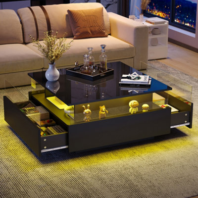 Abrihome Modern Led Coffee Table With StorageBlack Square Acrylic Glass Top & 2 Sliding DrawersWood Center Table For Living Room from B&Q