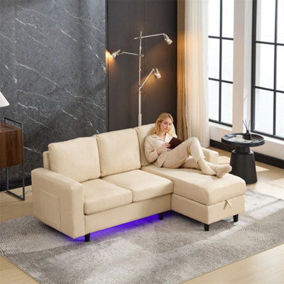 Abrihome L-Shaped Sofa Bed With Storage3-Seater Sleeper With Usb Charging & Led LightingConvertible Settee For ApartmentsBeige from B&Q