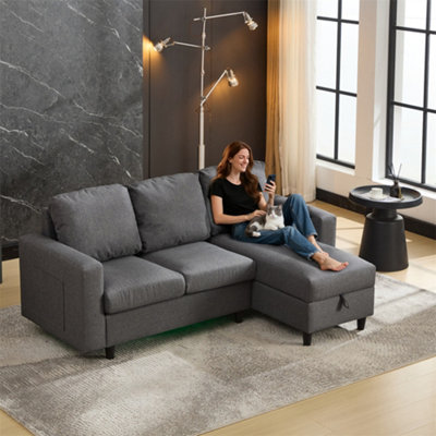 Abrihome L-Shaped Sofa Bed With Storage3-Seater Sleeper With Usb Charging & Led LightingConvertible Settee For ApartmentsGrey from B&Q