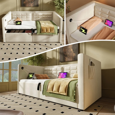 Abrihome Velvet Ottoman Daybed (90X190Cm)3Ft Single Sofa Bed With Usb/type-C Charging & Hydraulic StorageBeige from B&Q