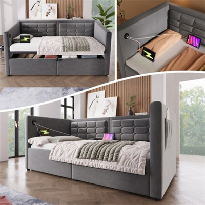 Abrihome Velvet Ottoman Daybed (90X190Cm)3Ft Single Sofa Bed With Usb/type-C Charging & Hydraulic StorageGrey from B&Q