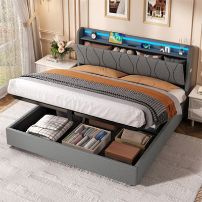 Abrihome 5Ft King Size Bed With Hydraulic StorageLed Headboard & Usb ChargingGrey Linen(No Mattress) from B&Q