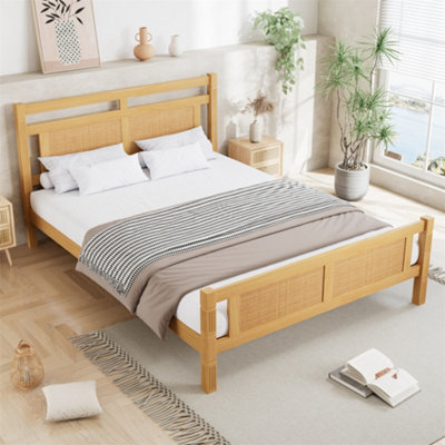 Abrihome 4Ft6 Double Wooden Bed (135X190Cm) In Natural Wood Finish With Rattan Headboard from B&Q
