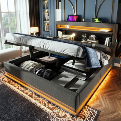 Abrihome Smart Upholstered Storage Bed With Led Headboard & Charging135X190CmGrey (No Mattress) from B&Q