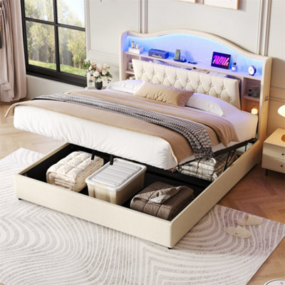 Abrihome 5Ft King Upholstered Bed Frame With Curved Led Headboard & Hydraulic StorageUsb/type-C ChargingBeige (No Mattress) from B&Q