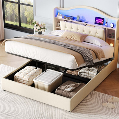 Abrihome Upholstered 4Ft6 Double Bed With Curved Led Headboard & Hydraulic StorageUsb/type-C ChargingBeige (No Mattress) from B&Q