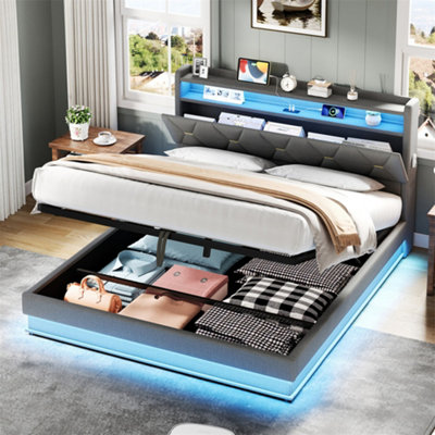 Abrihome 5Ft King Upholstered Bed With Led Headboard & Hydraulic StorageUsb/type-C ChargingGreyLinen from B&Q