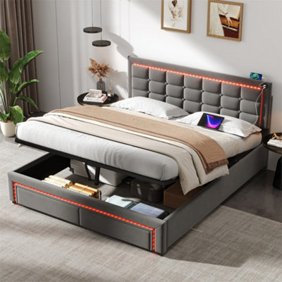 Abrihome 5Ft Upholstered King Bed With Rgb & Dimmable Led HeadboardHydraulic & Drawer StorageGrey Velvet from B&Q