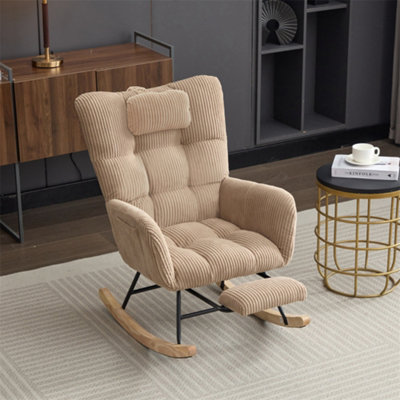 B&Q -  Fabric Rocking Chair With Adjustable Footrest & HeadrestHigh BackSide Pockets & Wooden LegsBrown