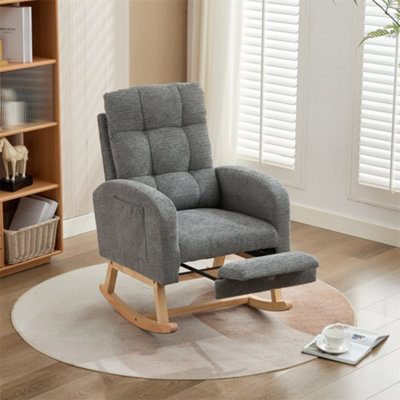 B&Q -  Grey Waffle Fabric Rocking Chair With Adjustable Footrest & Side Pockets
