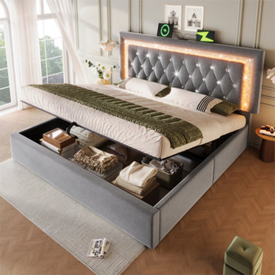 Abrihome Upholstered 4Ft6 Double Bed With Sparkling Led HeadboardHydraulic Storage & Usb-CGrey from B&Q