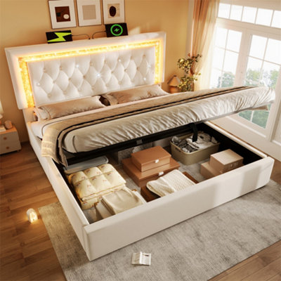 Abrihome Upholstered 4Ft6 Double Bed With Sparkling Led HeadboardHydraulic Storage & Usb-CBeige from B&Q