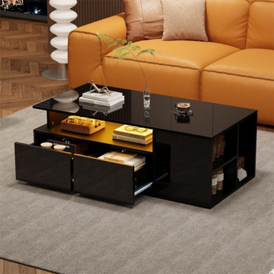 Abrihome Black High-Gloss Coffee Table With Led Lighting & 2 DrawersSofa Side TableOpen Storage100X50X35Cm from B&Q