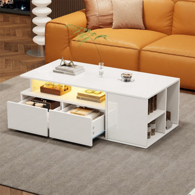 Abrihome White High-Gloss Coffee Table With Led Lighting & 2 DrawersSofa Side TableOpen Storage100X50X35Cm from B&Q