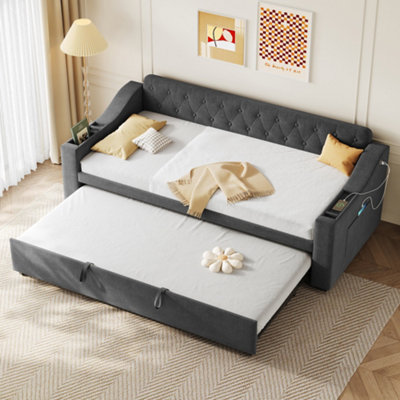Abrihome 3Ft Grey Linen Upholstered Daybed With Charging Station & Trundle90X190Cm Single Sofa Bed With Armrest Storage For Living Room from B&Q