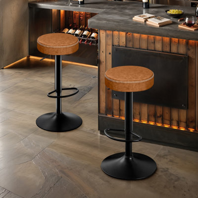 B&Q -  Breakfast Bar Stools Set Of 2Backless Swivel With FootrestAdjustable 25.8"-33.7" Microfiber LeatherBrown