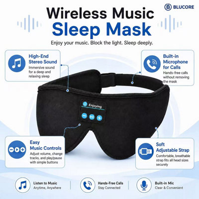 Blucore Black Wireless Music Sleep Mask With Built-In Speakers And Microphone