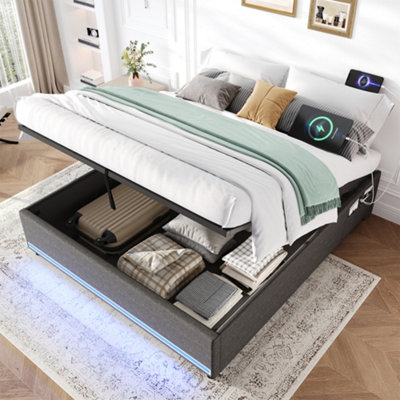 Abrihome 4Ft6 Double Hydraulic Storage BedNo Headboard Linen Bed Frame With App Control Led LightsSide Charging StationGrey from B&Q