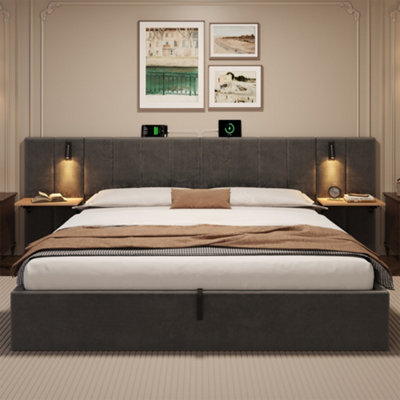 Abrihome Super King Upholstered Bed With Charging StationVelvet Hydraulic Storage Bed With Reading LightGrey (No Mattress) from B&Q