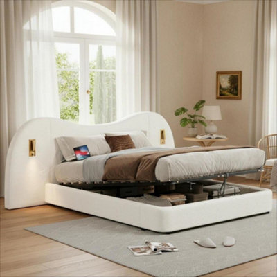 Abrihome Upholstered Double Bed180 X 200 CmHydraulic Bed With Usb Charging Port And LampHeadboardAnd Ample Storage SpaceWhite from B&Q