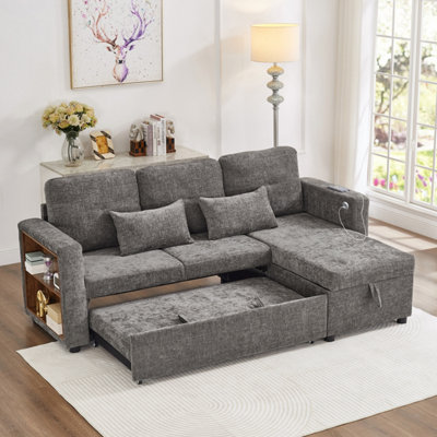 Abrihome 3-In-1 Convertible Chenille Sectional Sofa Bed With Storage ChaiseCharging Station & Adjustable ArmrestGrey from B&Q