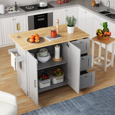 Abrihome Multifunctional Rolling Kitchen Island Cart With Foldable Tabletop Large Storage Trolley With 3 Drawers & 2 Cabinets For Kitchen from B&Q