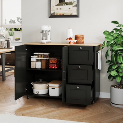 Abrihome Multifunctional Rolling Kitchen Island Cart With Foldable Tabletop 3 Drawers & 2 Door Space Saving Storage Trolley For Kitchen from B&Q