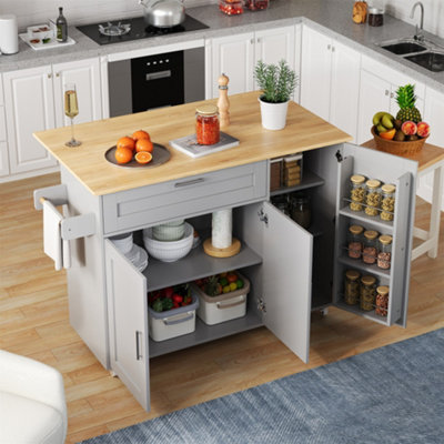 Abrihome 132.5Cm Rolling Kitchen IslandFoldable TabletopStorage Trolley With Spice Rack & Towel Holder5 Wheels For KitchenDining from B&Q