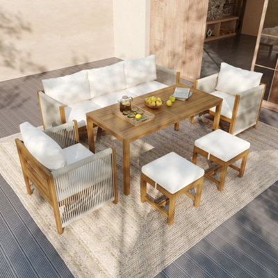 Abrihome 7 Seater Outdoor Garden Furniture Set Acacia Wood Patio Dining Set With Rope Weaving Table And Beige  Cushioned Chairs from B&Q