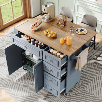 Abrihome Multifunctional Kitchen Island Serving Cart With Storage110Cm Removable Buffet Cabinet On Casters For Home Kitchen(Blue) from B&Q
