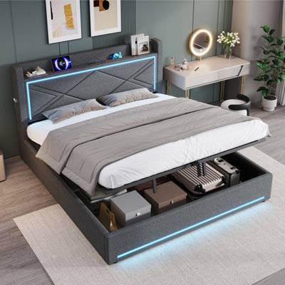 Abrihome 6Ft Super King Upholstered Bed Frame With Hydraulic StorageLinen Ottoman Bed With Led Lighting And Charging StationGrey from B&Q