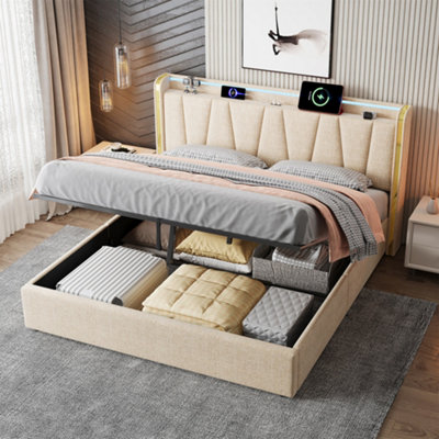 Abrihome 5Ft King Upholstered Bed Frame With Hydraulic StorageLed Headboard With Charging StationUsbLinen,beige (No Mattress) from B&Q