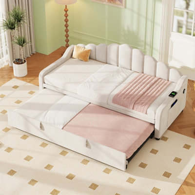 Abrihome 3Ft Single Daybed With Pull-Out TrundleVelvet Upholstered Sofa Bed With Side Charging Station & Storage PocketsBeige from B&Q