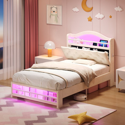 Abrihome 3Ft Single Velvet Bed Frame With Led Lights & Charging Station. Diamond Tufted Headboard With Hidden StorageUsbBeige from B&Q