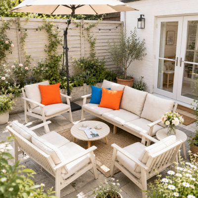 Abrihome 7 Piece Wood Garden Furniture Set3 Seater 2 Seater & 2 ArmchairsNordic Style Outdoor Lounge With Cushions from B&Q