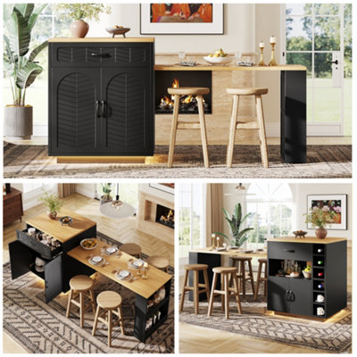 Abrihome Extendable Island With Dining TableMultifunctional Storage Cabinet With DrawersDoorsWine Rack & Led LightFor Kitchen from B&Q