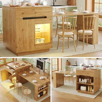 Abrihome Multifunctional Island With Extendable Dining TableModern Oak Effect Glass Door Storage Cabinet With App Control For Kitchen from B&Q