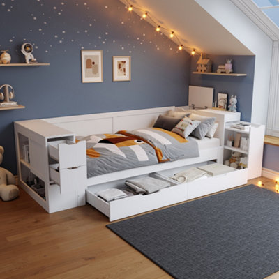 Abrihome Multifunctional 3Ft White Single Daybed With DrawersShelves & Bedside Table90 X 190 CmStorage CabinetsNo Mattress from B&Q