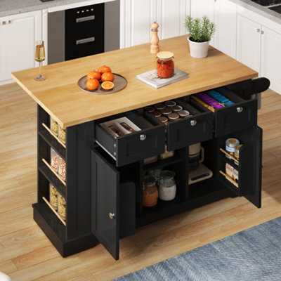 Abrihome 5-Wheel Farmhouse Kitchen Cart With Foldable Table 132Cm Dropleaf Island Unit With DrawerSpice Rack & Usb Socket from B&Q