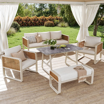 Abrihome: Garden Lounge Set for 6-7 People, PE Rattan Seating Group incl, Side Table, Garden Sofa with Washable Cushions, Beige