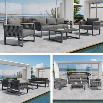 Abrihome: Garden Furniture Set, Outdoor Sofa 5-Seater, Garden Lounge Set, Cushions & Stainless Steel Frame Set for Balcony & Terrace