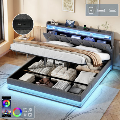 Abrihome Grey Linen Super King Bed With Led HeadboardHydraulic Storage & Usb-C Charging from B&Q