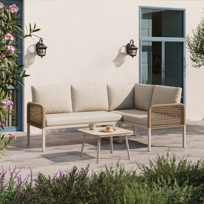 Abrihome Garden SetWood-Look Tempered Glass TableConvertible 4 Seater Polyester Rope Conversation Set With Sofa And ArmchairsBeige from B&Q